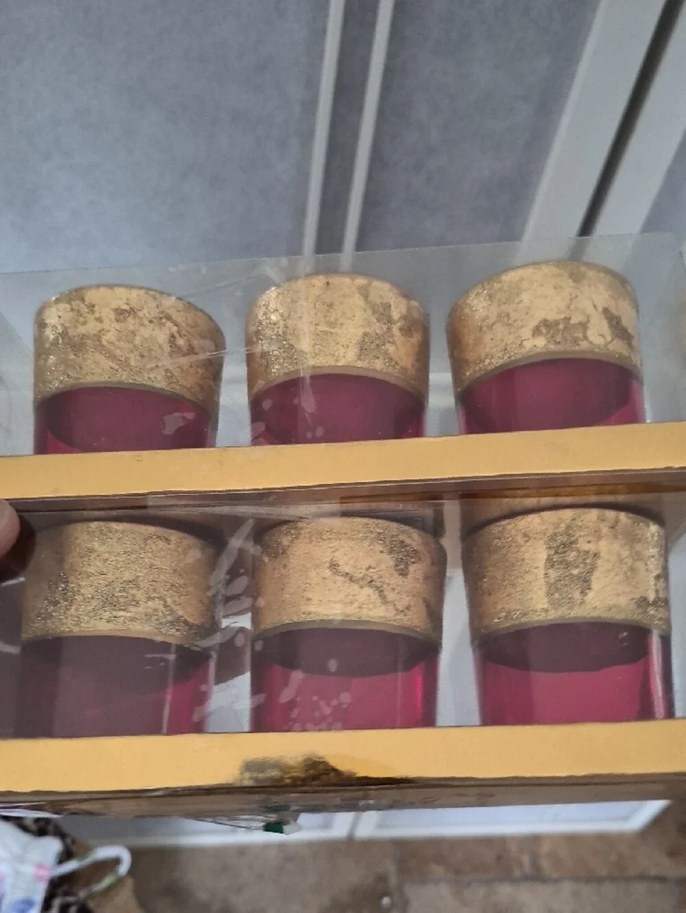 Home Accents Red Glass Tea Light Holders with Gold Trim - Set of 6